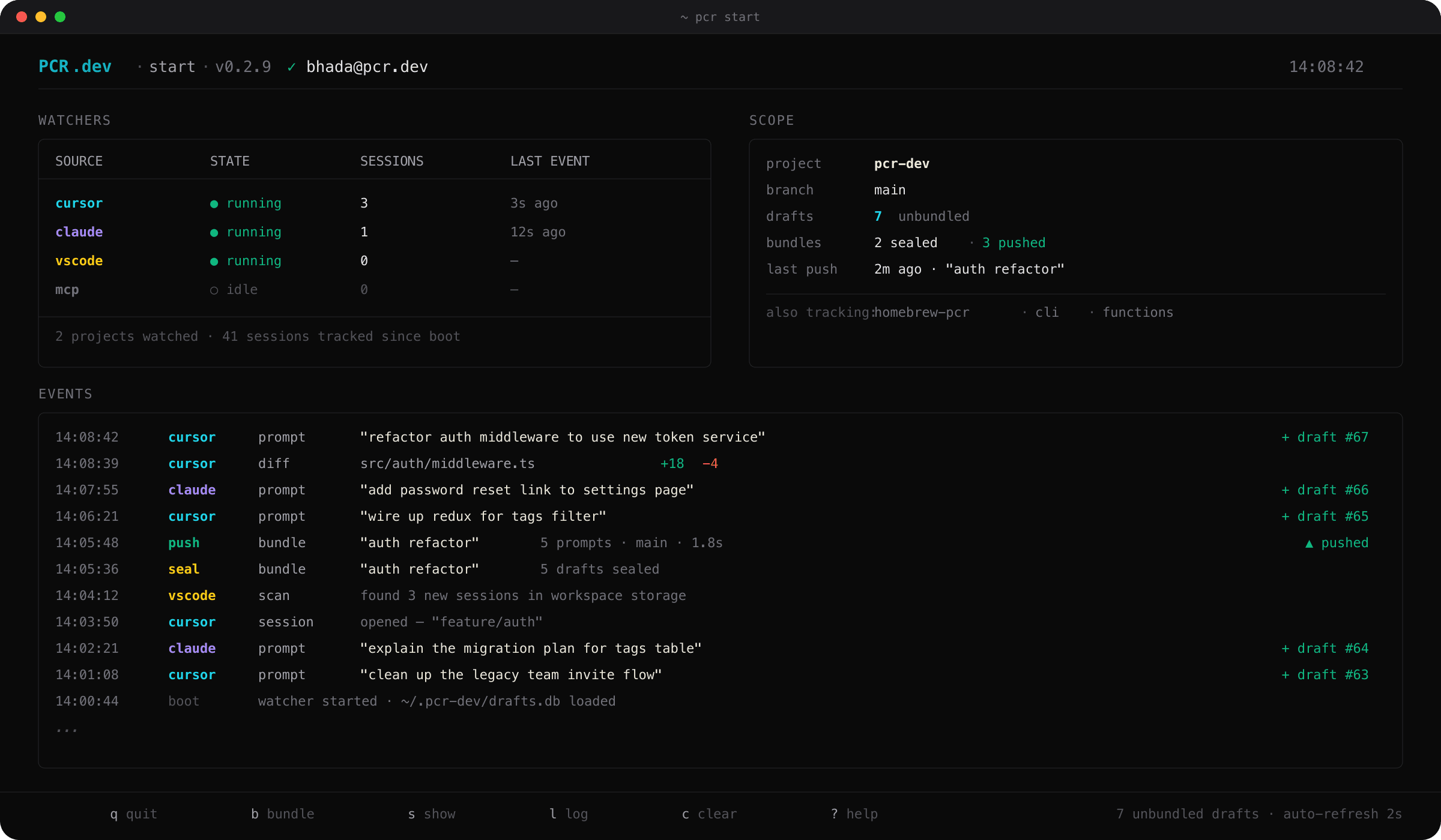 pcr start dashboard with watchers panel (cursor, claude, vscode, mcp), scope panel (project, branch, drafts), live events log with timestamped prompts and pushes, and footer help row